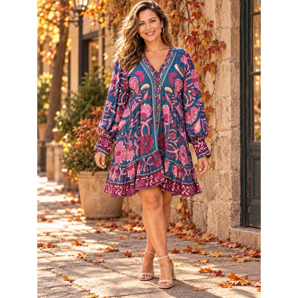 Farm Rio Seashell Tapestry Teal Long Sleeve Mini Dress XL NWT 318130